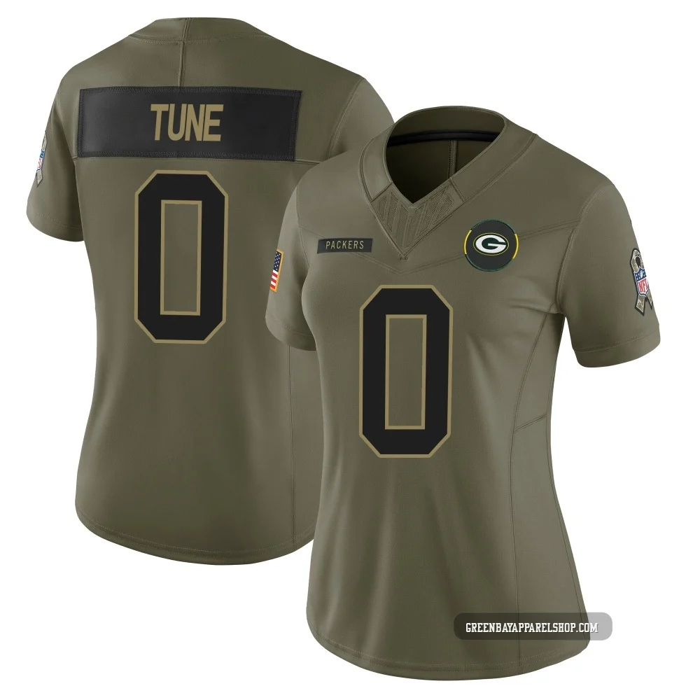 Clayton Tune ＃0 Women's Limited Green Bay Packers Olive 2025 Salute to Service Jersey