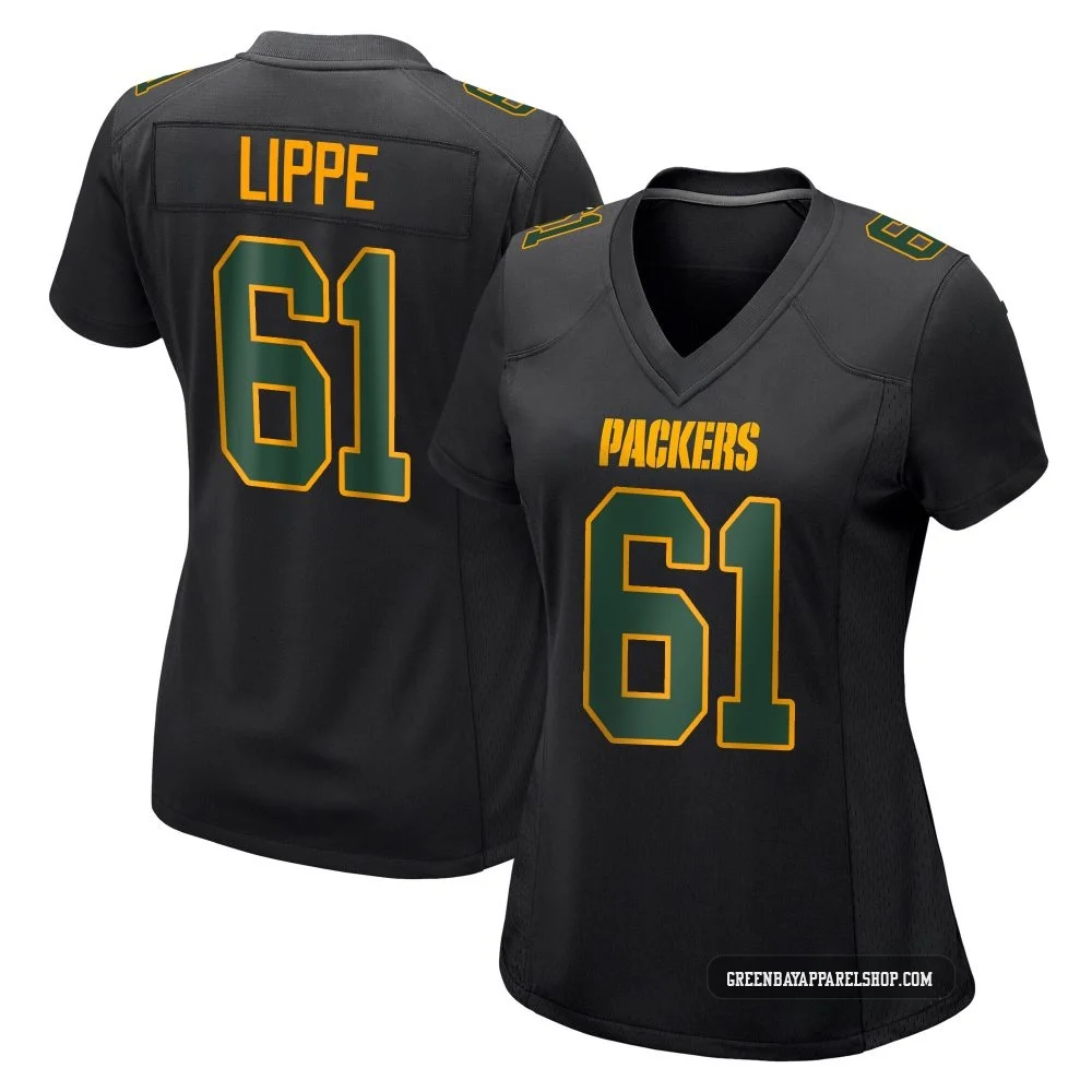 J.J. Lippe ＃61 Women's Game Green Bay Packers Black Fashion Jersey