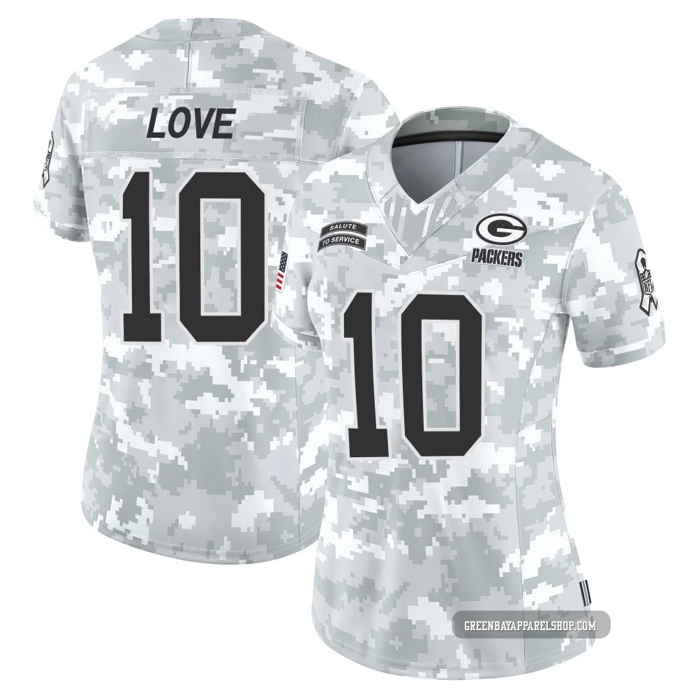 Jordan Love ＃10 Women's Limited Green Bay Packers Arctic Camo 2024 Salute to Service Jersey