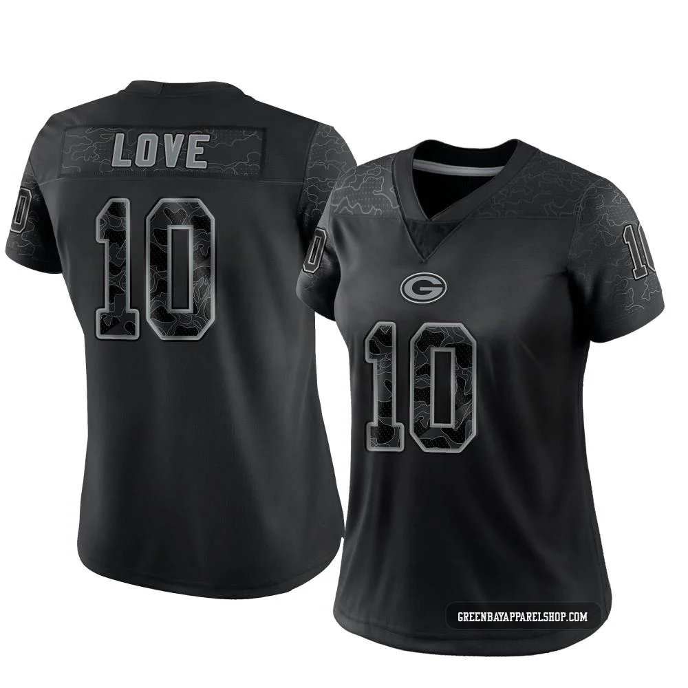 Jordan Love ＃10 Women's Limited Green Bay Packers Black Reflective Jersey