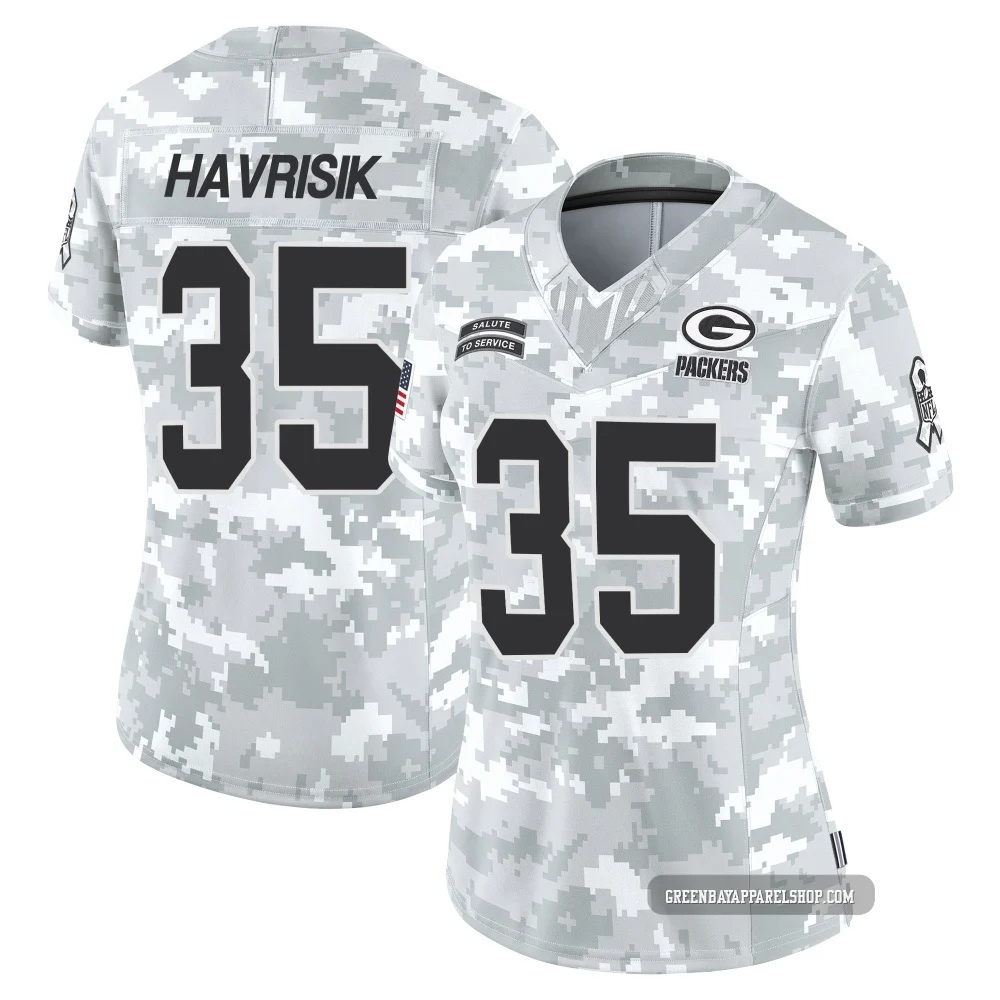 Lucas Havrisik ＃35 Women's Limited Green Bay Packers Arctic Camo 2024 Salute to Service Jersey